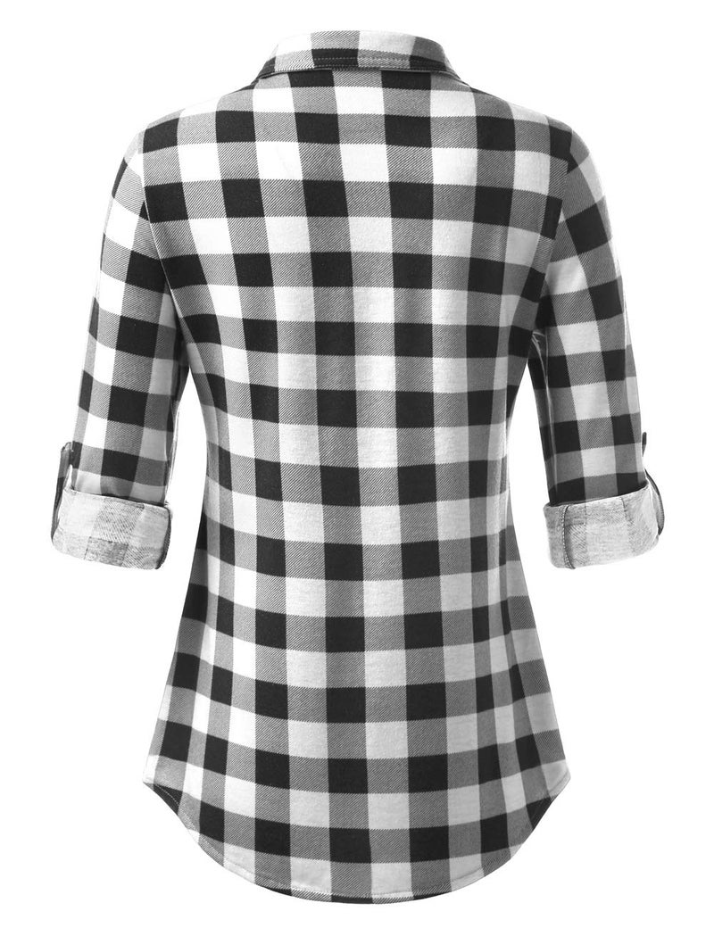 DJT Womens Soft Stretchy Knit Plaid Shirts Roll Up Long Sleeve Collared Button Down Blouses Tops Medium Black-White - Image 3
